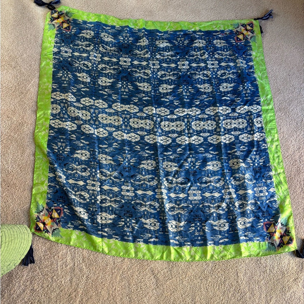 Like-New Johnny Was 100% Silk Blue and Green Patterned Scarf